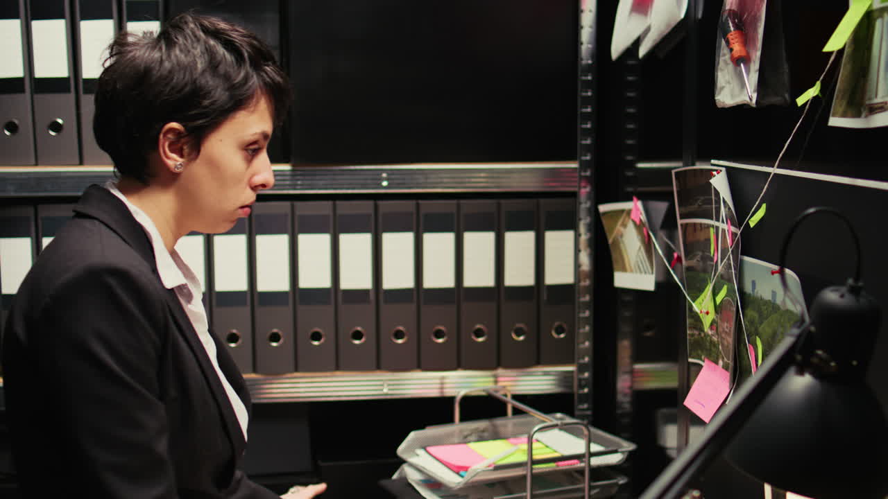 Female detective working in investigation office with evidence board