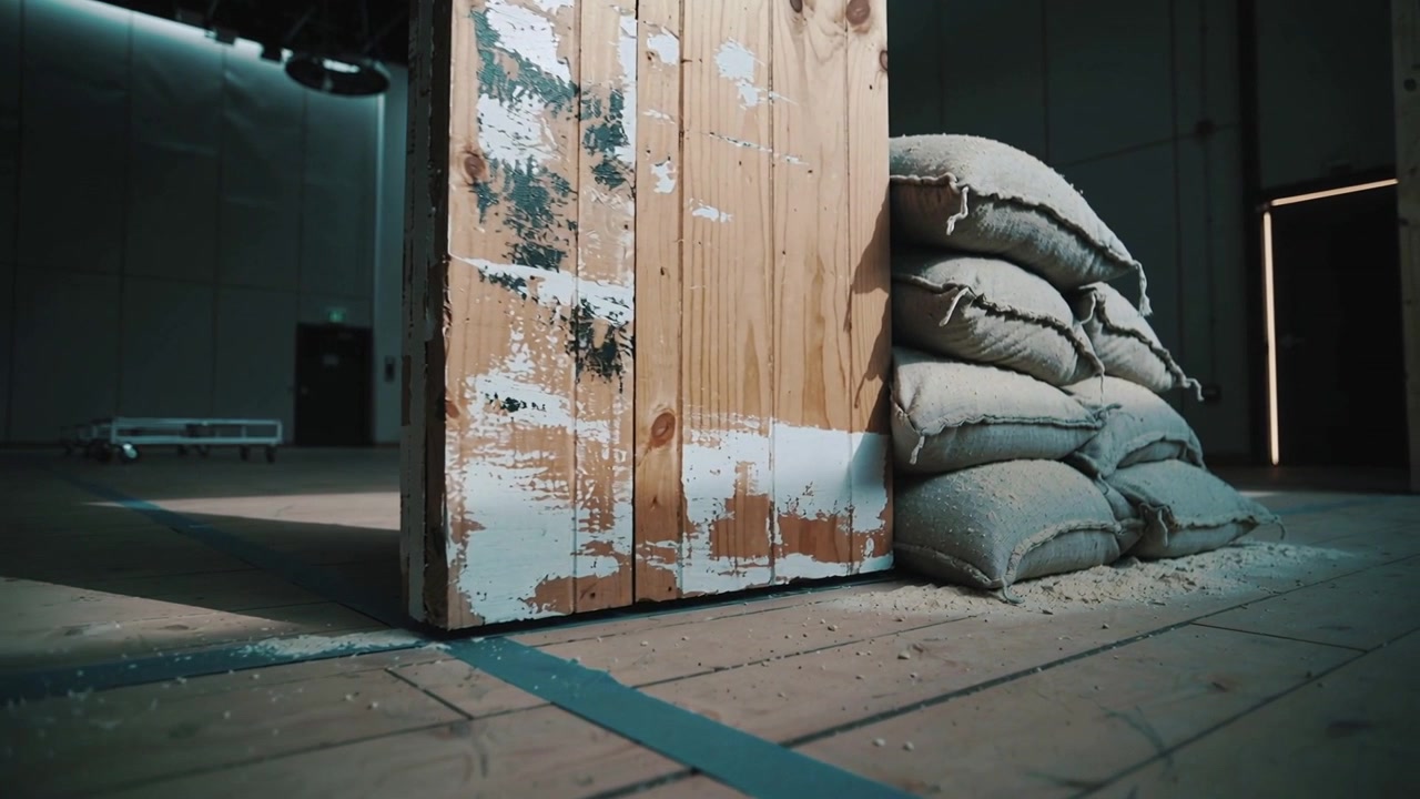 Telecamera in studio che si muove, avvicinandosi e spostandosi a destra verso un pannello di legno e sacchi di sabbia, mostrando la sabbia.