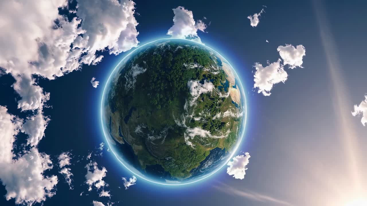 Vista de video aérea de la Tierra desde el espacio, mostrando exuberantes bosques y nubes arremolinadas