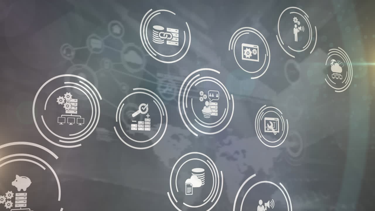 animación de una red de iconos digitales sobre un fondo gris