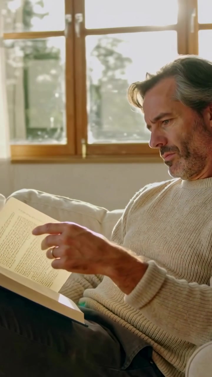 Vertical video: Window light urging man in cream knit turning book pages in living room to read