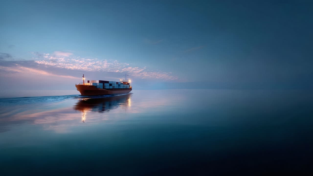 Majestätisches Frachtschiff, das im Morgengrauen durch ruhige Gewässer fährt, mit Spiegelungen und sanftem Licht, das die ruhige Meereslandschaft und den malerischen Himmel am Horizont beleuchtet.