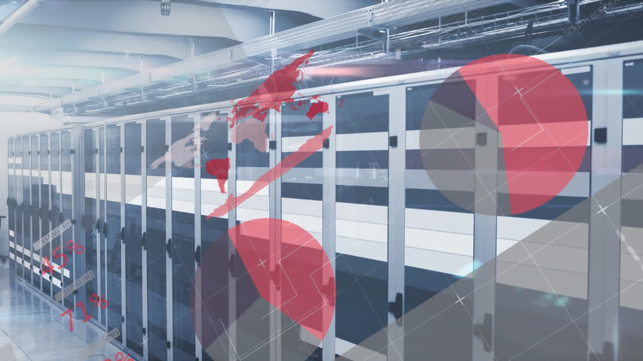 통계 데이터 처리의 애니메이션과 컴퓨터 서버 방에 대한 빛의 흔적