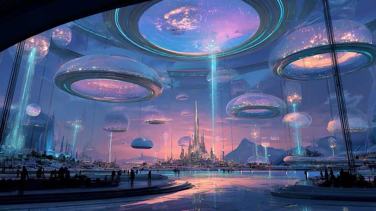 Futuristic city with floating islands and twilight reflections