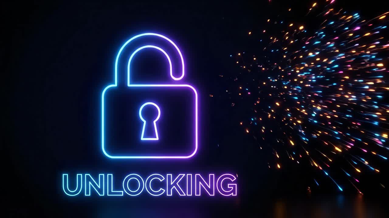 Neon Padlock Unlocking with Glowing Sparks on Black Background