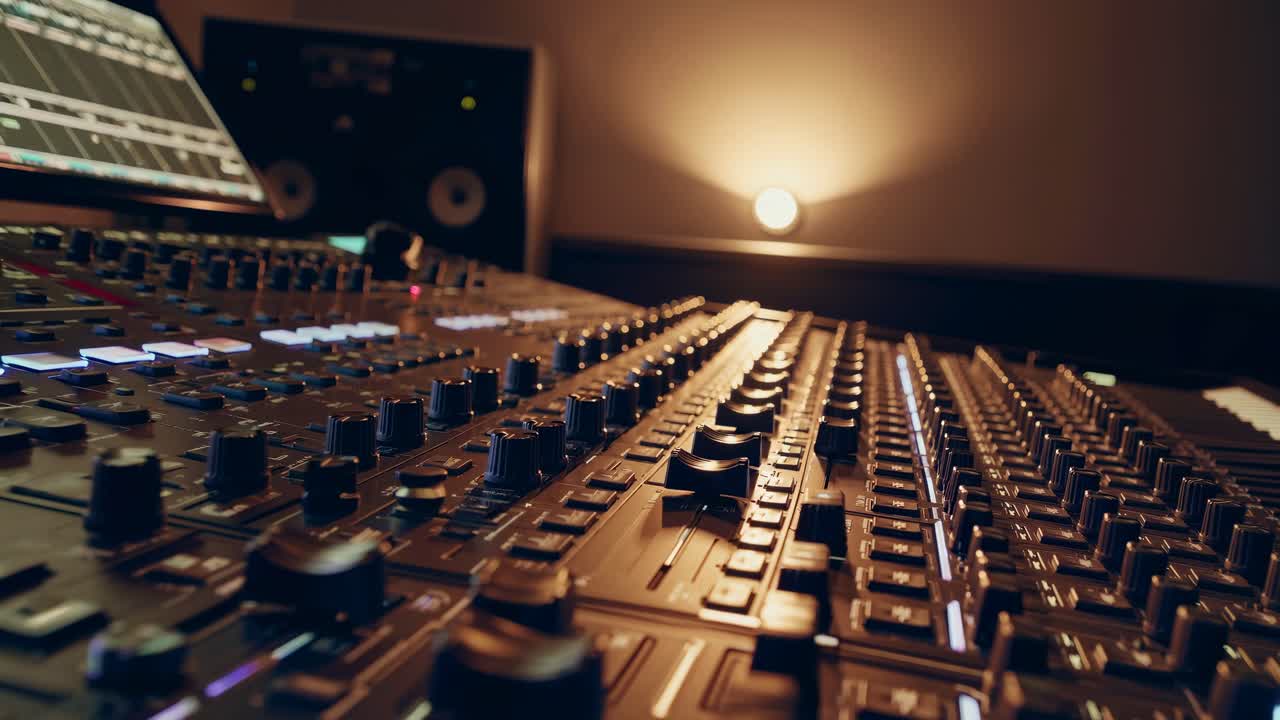Low-angle shot of a dimly lit audio mixing console, emphasizing the intricate details of knobs
