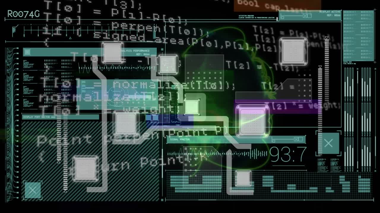 In this video, we see a green globe with network lines and pixel noise