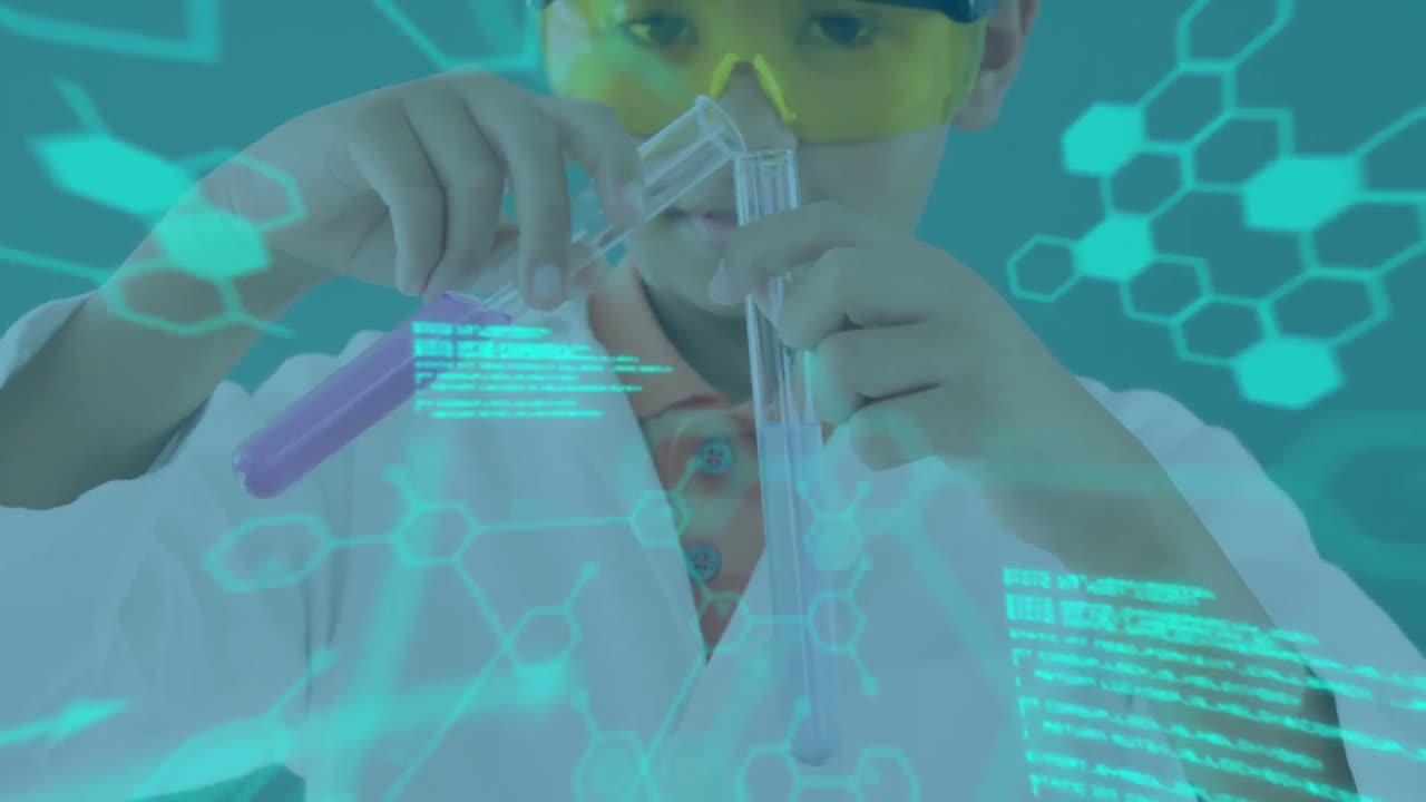 animación del procesamiento de datos sobre niño caucásico en el laboratorio