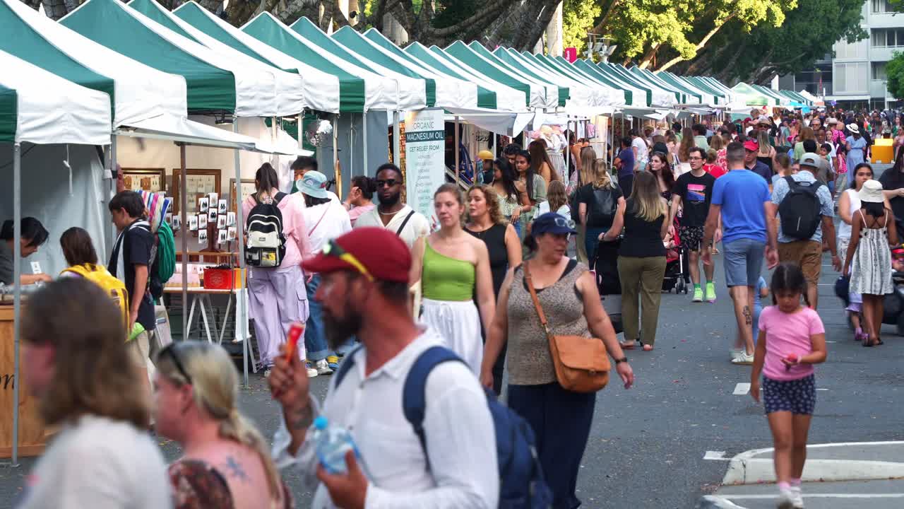 Brisbane's Collective Markets in South Brisbane on the weekend, premier recreational and cultural destination with market stalls run along Little Stanley street, time-lapse shot.