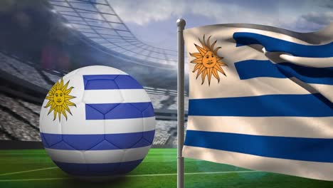 animation of flag of uruguay and football over stadium