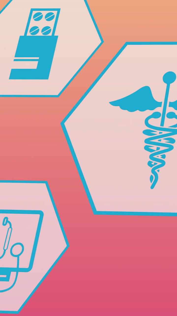 Animación de iconos médicos sobre fondo rosa