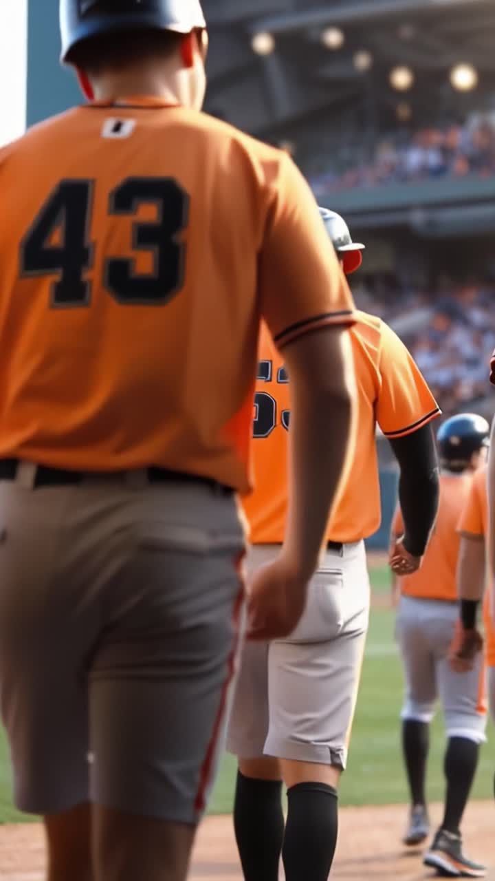 Orange jerseys, black helmets, and gray pants define the scene. Players walk away, backs turned, toward the dugout. Sunlight glints off the stadium's distant lights
