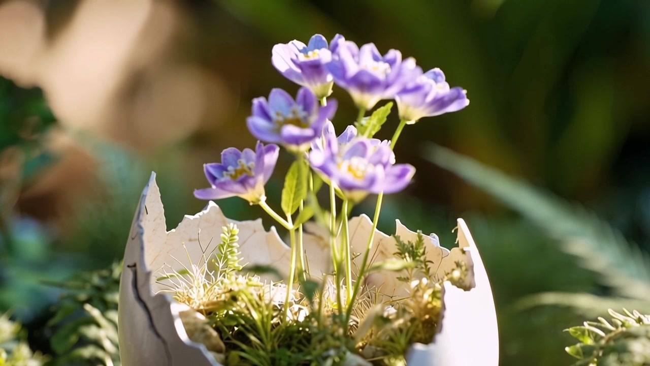 Delikate lilla blomster som blomstrer fra et sprukket eggeskall
