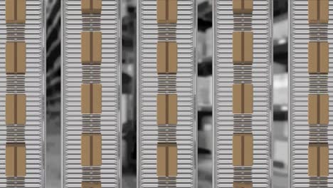 animation of cardboard boxes moving on conveyor belts over warehouse