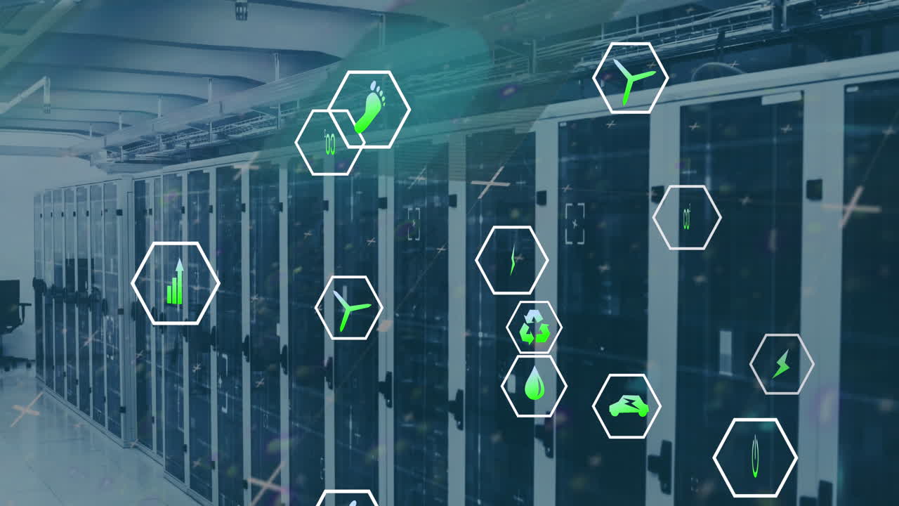 animación de procesamiento de datos y iconos de ecología sobre la sala del servidor