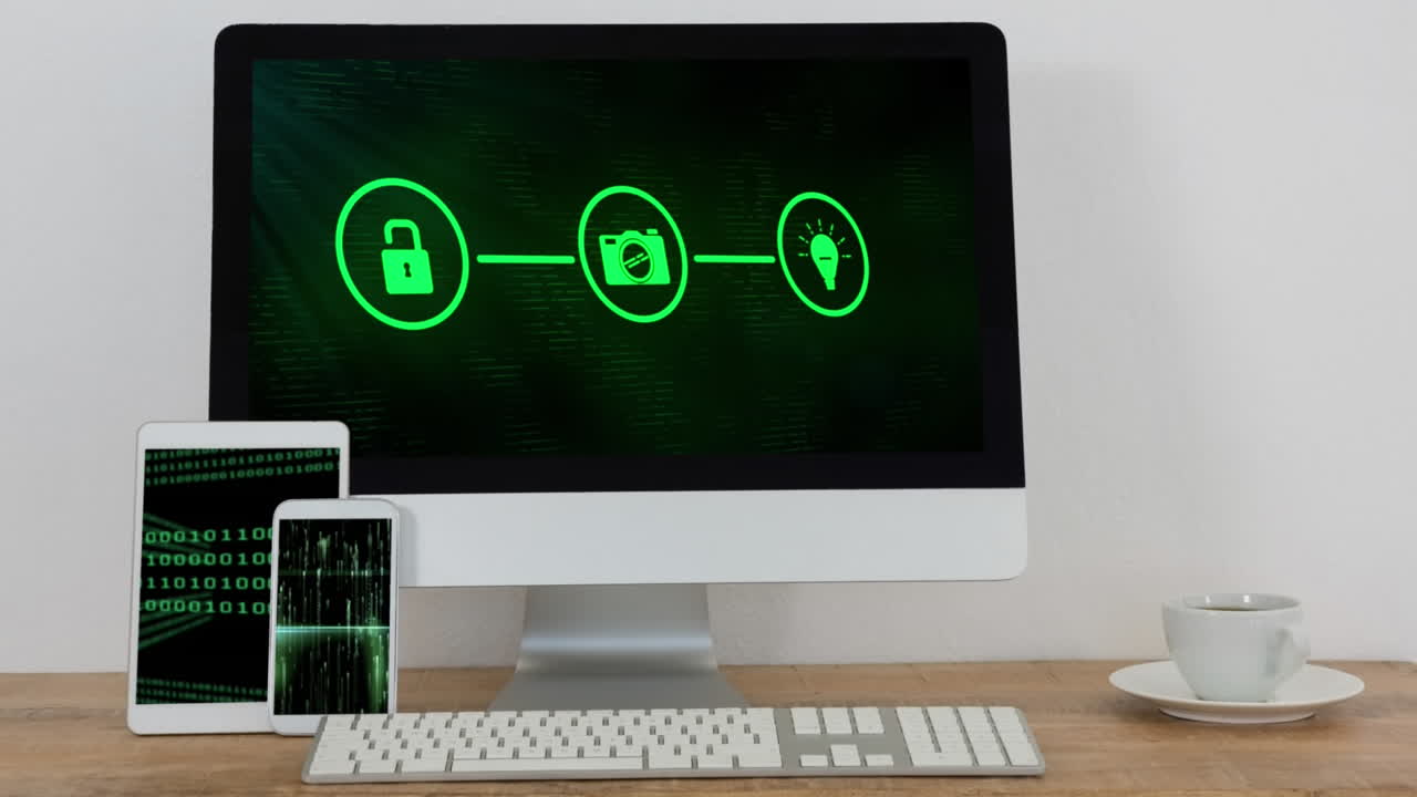 전자 장치의 화면에 연결 아이콘과 바이너리 코딩의 네트워크