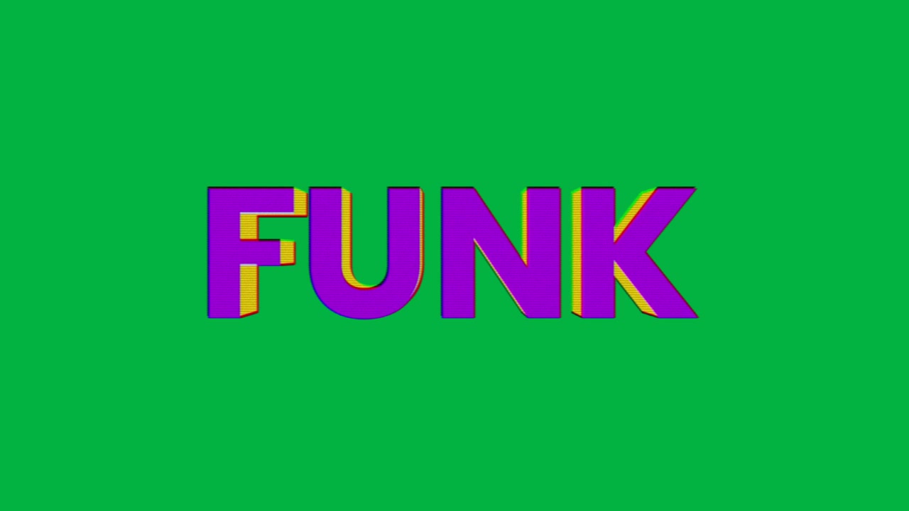 Animazione di testo "funk" con lettere gialle e viola su sfondo bianco.
