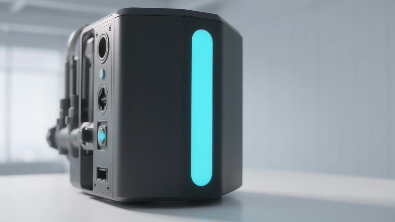 Primo piano di un dispositivo elettronico moderno con una luce blu brillante
