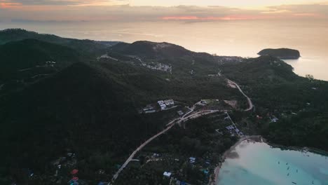 koh phangan aerial drone at sunsent thailand