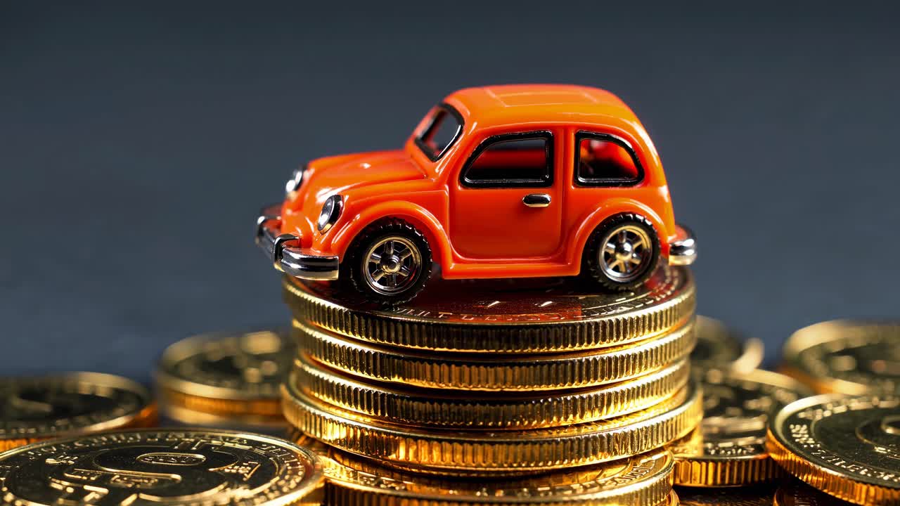 coche de juguete en una pila de monedas de oro