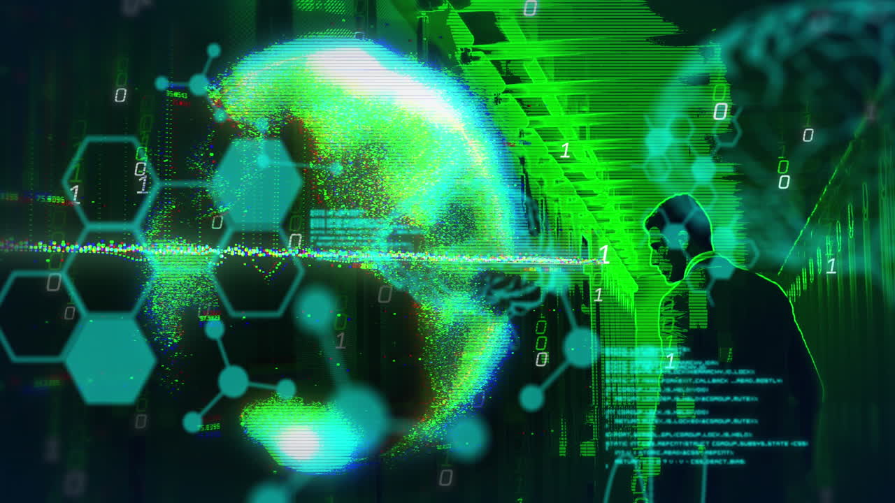 animación del procesamiento de datos sobre el hombre caucásico por servidores informáticos