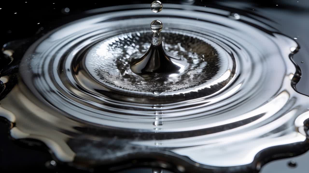 Singola goccia d'acqua che cade e colpisce una bacinella scura e poco profonda in studio, producendo uno schizzo a corona e un getto.