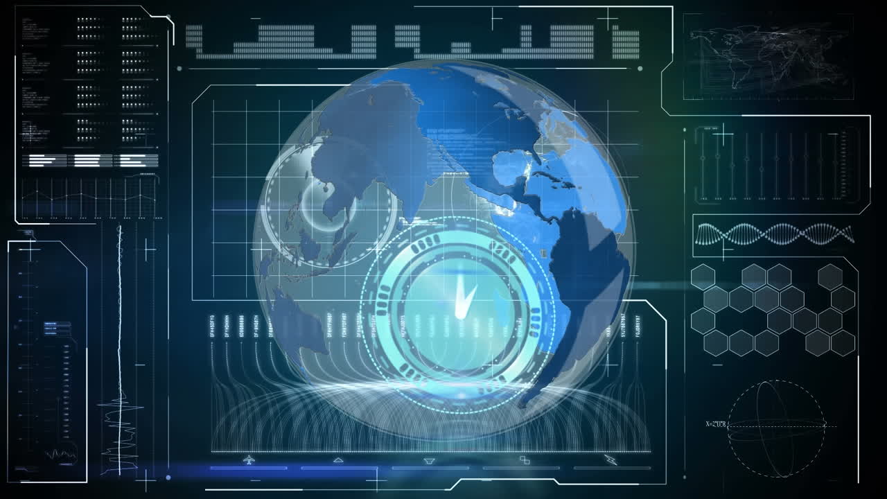 Animation of clock over globe and data processing on screen