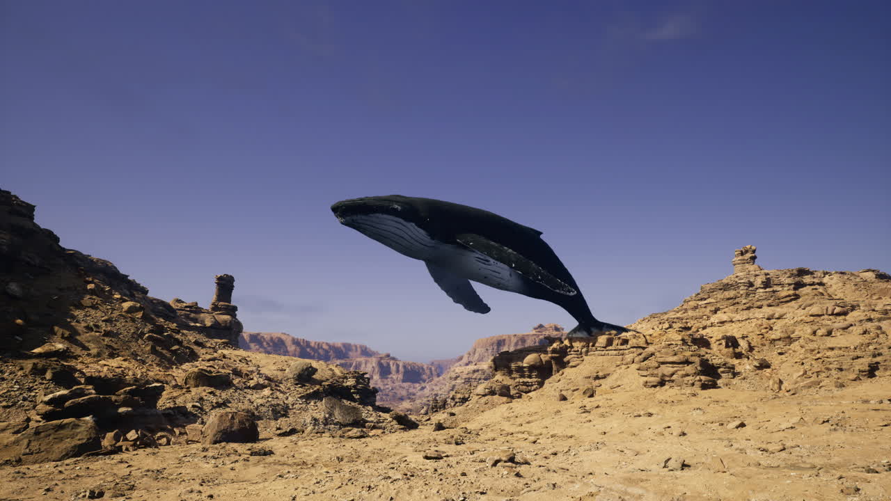 Whale gracefully soaring above the grand canyon landscape in daylight