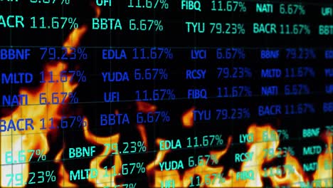 Digital-Composite-video-of-stock-exchange-data-processing-against-fire-burning-in-background