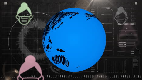 animation of globe and people icons in masks over data processing on interface