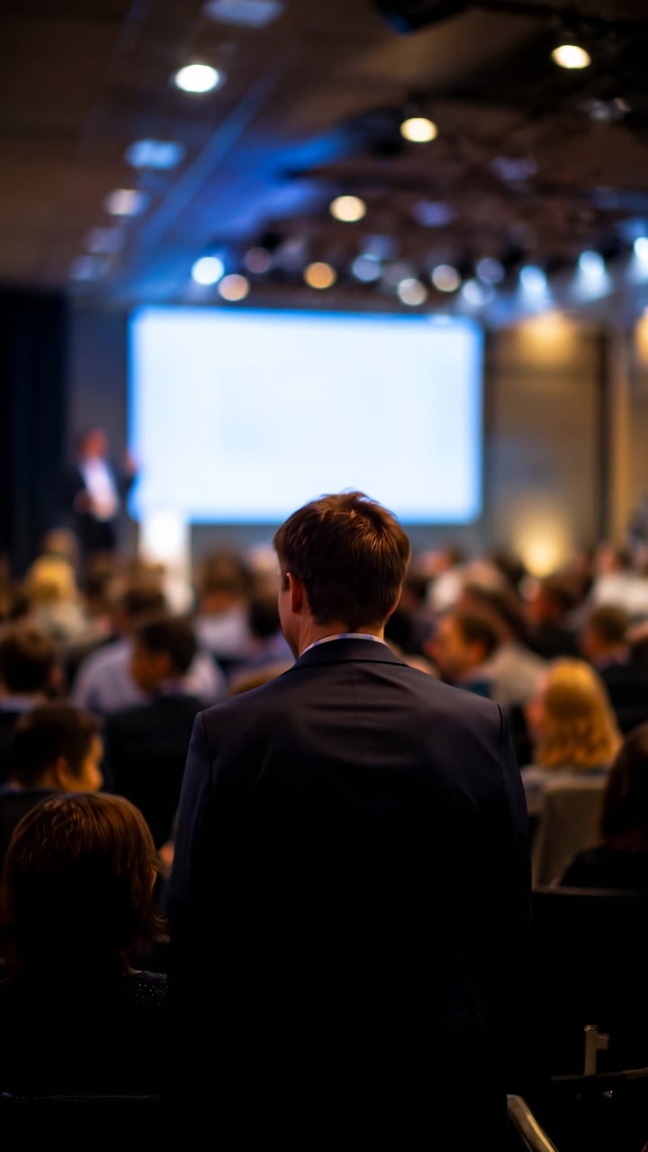 Público de conferência corporativa desfocado com um participante em pé de frente para uma tela de apresentação iluminada e um apresentador no palco em um local de negócios moderno com fileiras de convidados sentados e iluminação de evento acolhedora