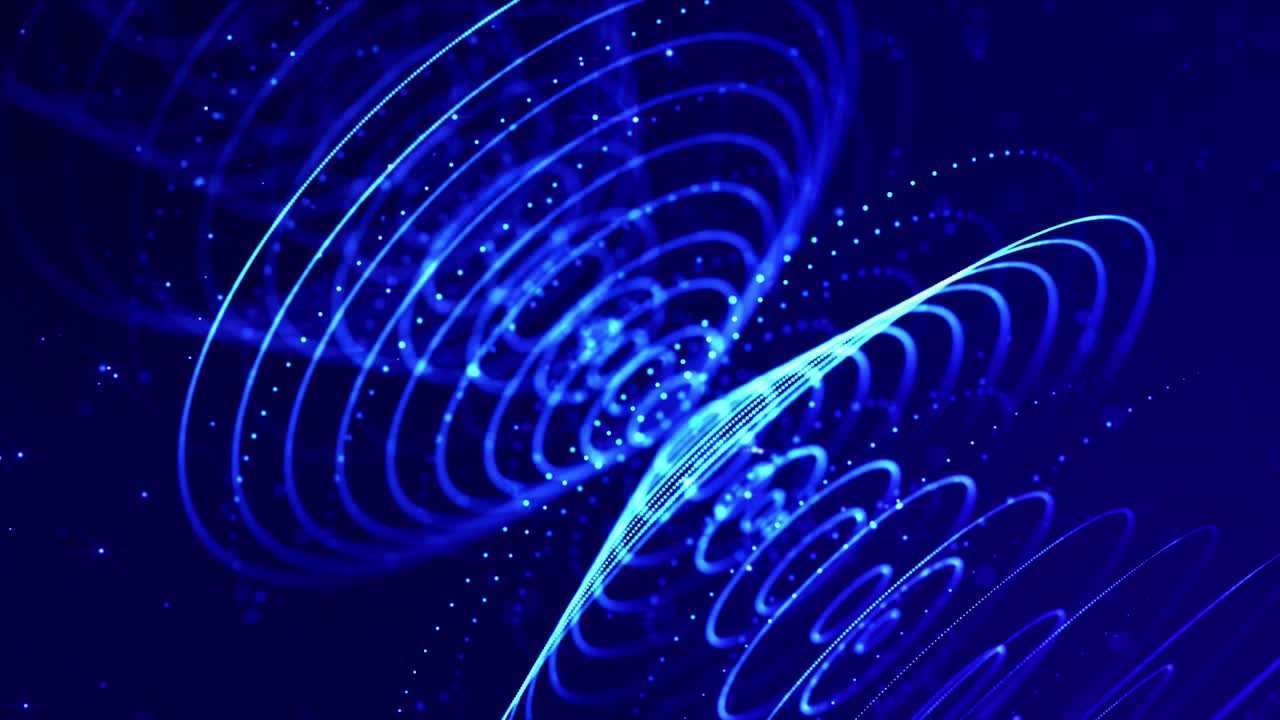 4k looped sci-fi particle background of microworld or space with bokeh and light effects. Glow blue particles form lines, surfaces, complex round structures in smooth motion.