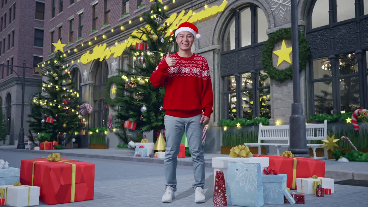 cuerpo lleno de hombre asiático en traje de papá noel sonriendo y mostrando pulgares hacia arriba gesto mientras está de pie en la noche de navidad