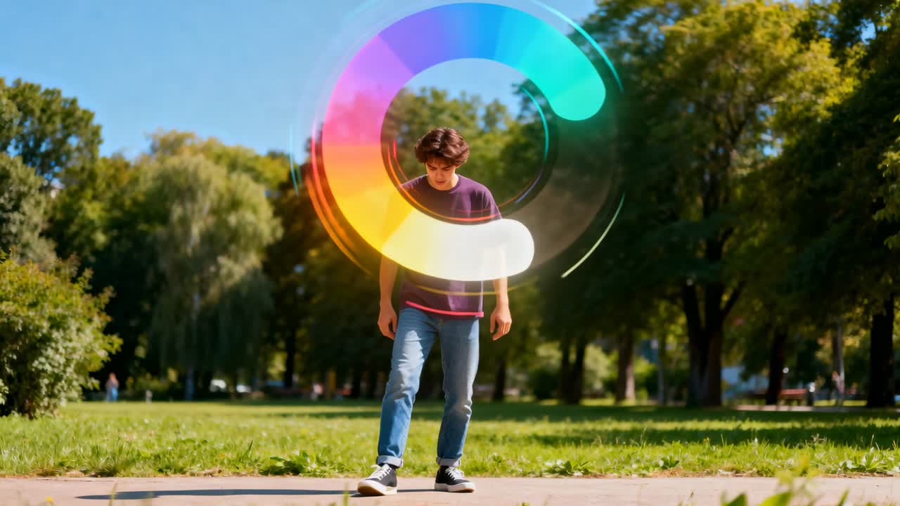 Anello multicolore che appare attorno a un adolescente maschio che cammina su un sentiero del parco con una maglietta viola, formando un'aureola.