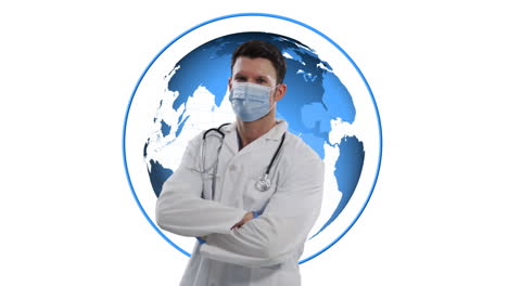animation of caucasian male doctor over globe on white background