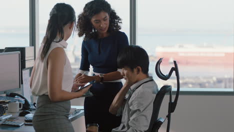 business people working team leader woman meeting with colleagues discussing project manager sharing ideas on tablet computer group of executives brainstorming in office