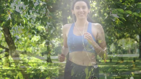 animación de una feliz corredora caucásica con auriculares sobre el parque