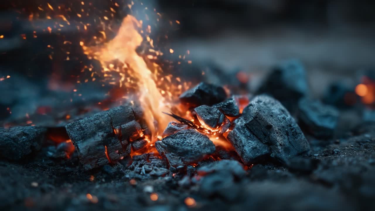 Tiltagende flammer: En fængslende rejse af flammer, gnister og forkullede sten i en glødende brandscene fanget i fantastiske detaljer og farver.