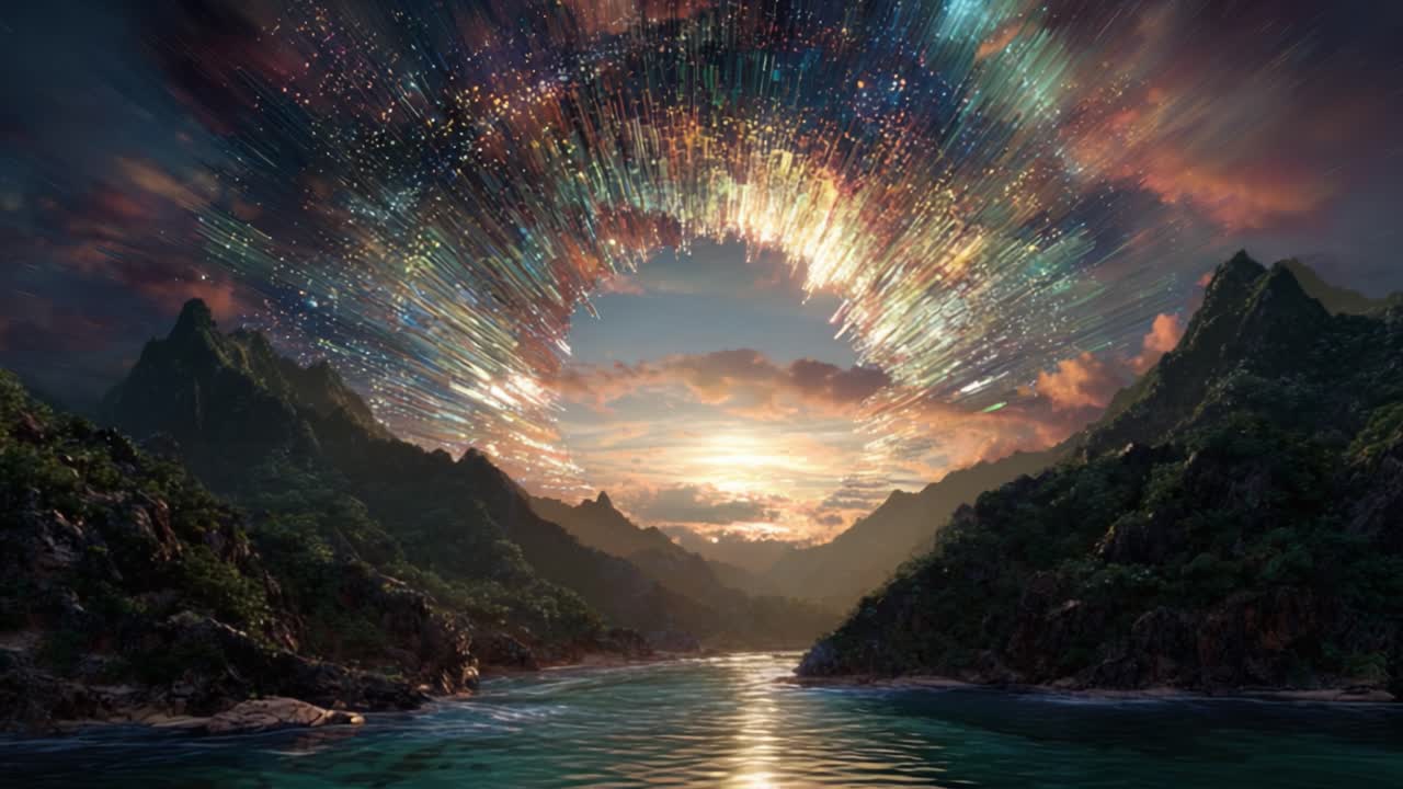 Una Splendida Sinfonia Visiva di Colori Cosmici e Bellezza Naturale Catturata in un Paesaggio Mozzafiato, Dove le Montagne Incontrano un Cielo Etereo al Tramonto.