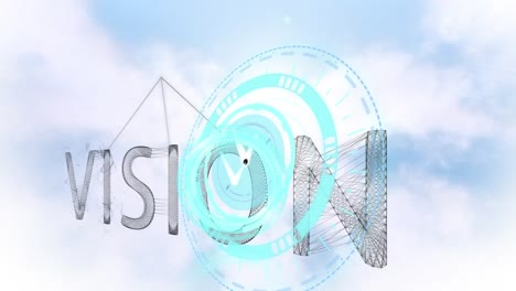 Animation-of-blue-clock-and-vision-text-over-cloudy-sky