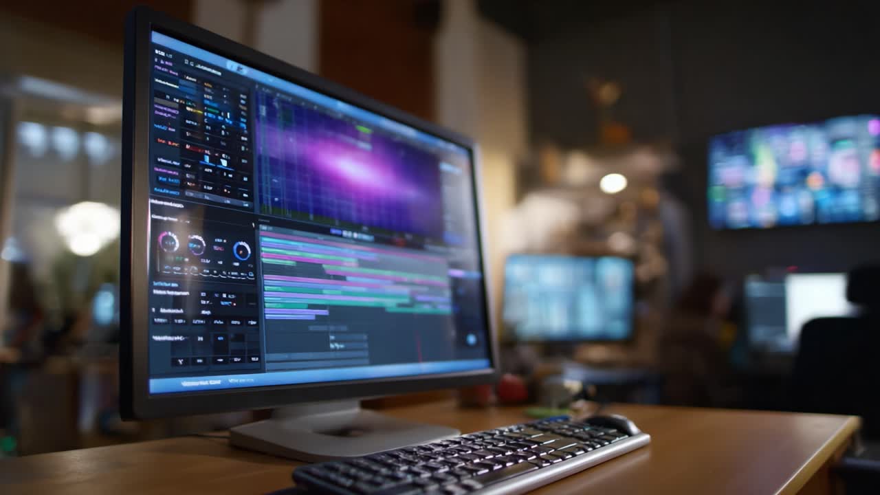 Dynamic Digital Workspace Reflecting Computer Screens with Complex Sound Editing Software Visualization and Audio Waves in a Modern Production Environment