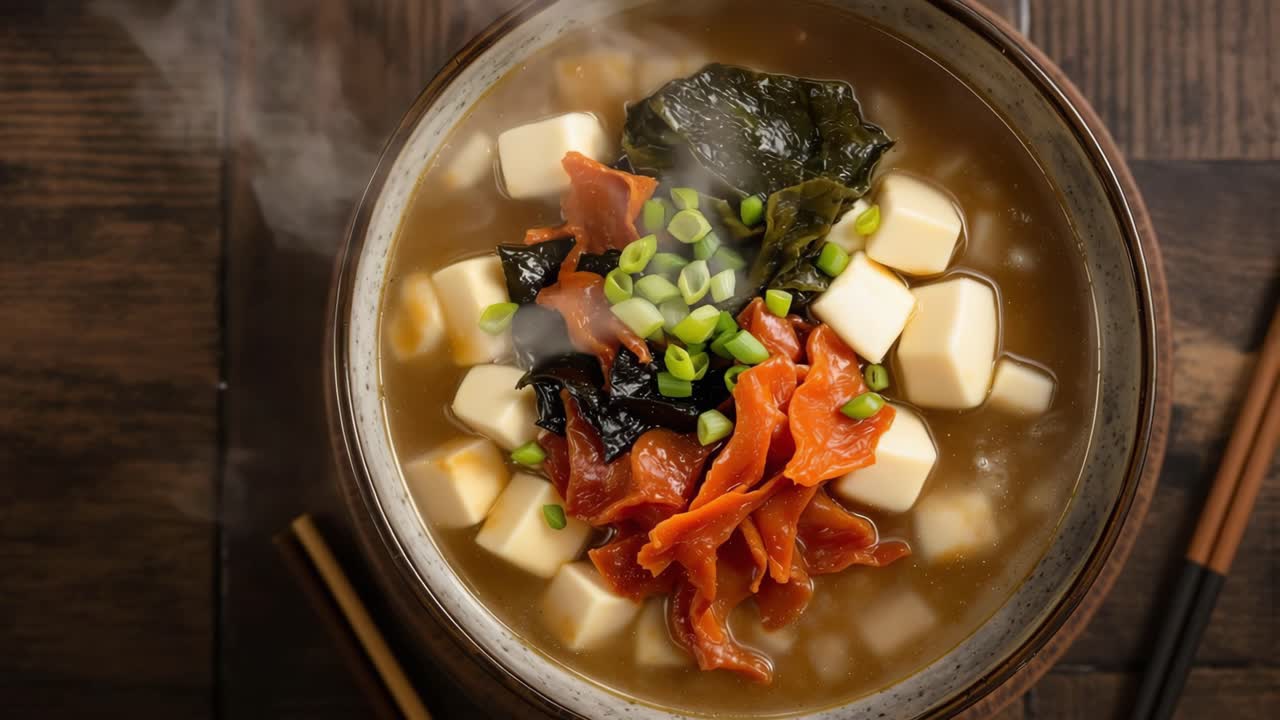 Close up of a steaming bowl of miso soup, featuring tofu, wakame seaweed, pickled ginger, and chopped green onions, presented on a rustic wooden table with chopsticks
