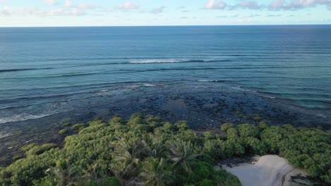 Aerial-View-of-Small-Uninhabited-Exotic-Lush-Island-and-Tropical-Sea