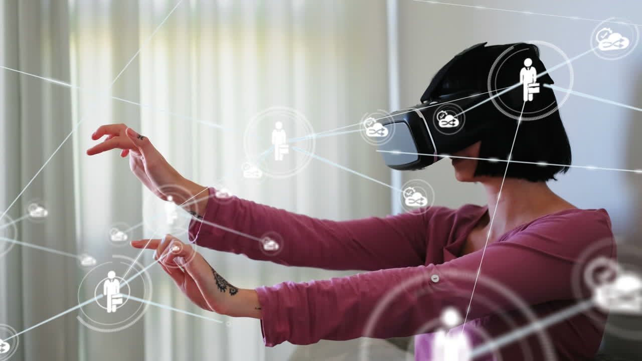Animation of network of connections with icons over woman wearing vr headset