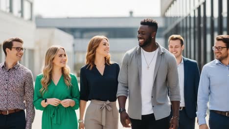 a diverse group of young professionals walking together outdoors, showcasing team spirit and collaboration in a modern urban environment