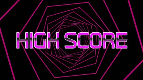 Lila-Highscore-Text-Vor-Rosa-Sechsecken,-Die-Sich-In-Nahtloser-Bewegung-Auf-Schwarzem-Hintergrund-Drehen