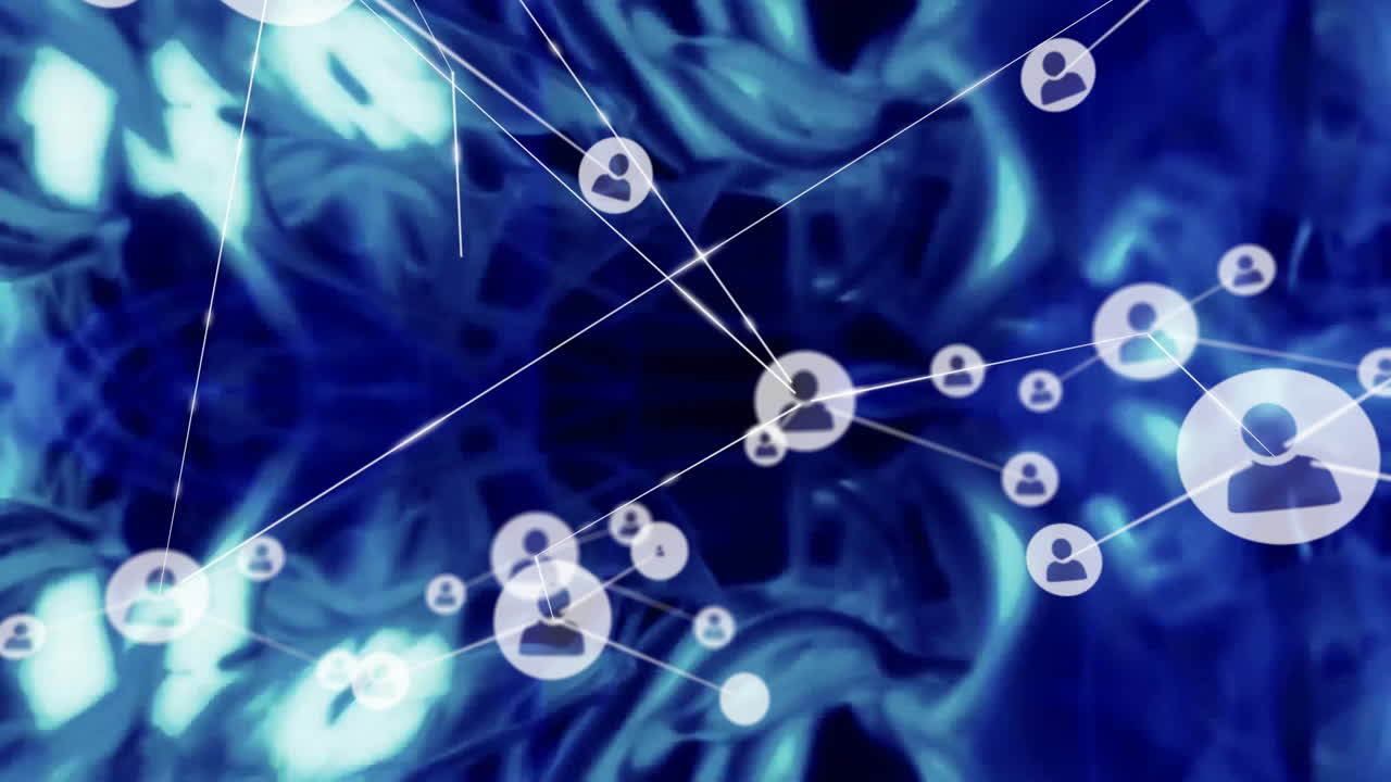 추상적인 파란색 배경 위의 연결 네트워크 및 사용자 아이콘 애니메이션