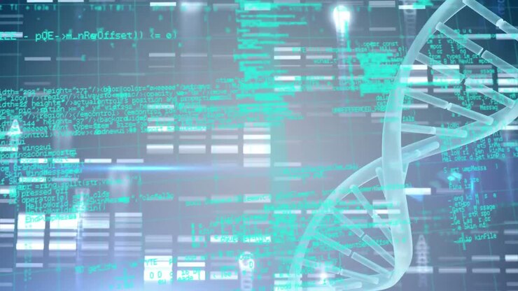 Animation of red shapes over dna strand and data processing shapes on black background