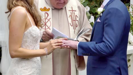 closeup shot of the exchange of wedding or engagement ring