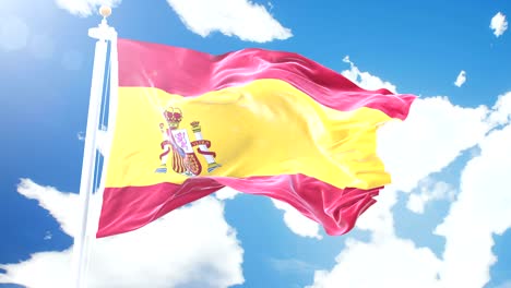 realistic flag of spain waving against time-lapse clouds background. seamless loop in 4k resolution with detailed fabric texture.